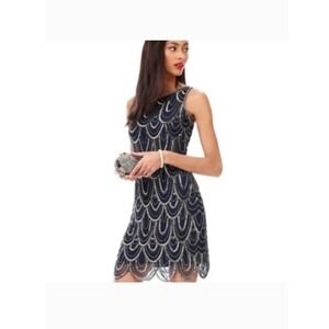 Pisarro‎ Nights Dress Black Silver Beaded Sleeveless Cocktail Party Flapper 14W